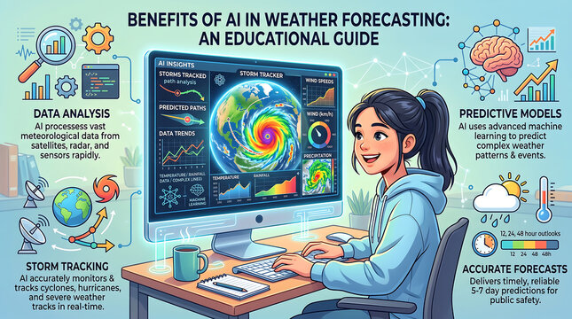 Benefits of ai in weather forecasting, an educational infographic featuring a student at a computer with data visualization charts, storm tracking maps, and predictive weather icons
