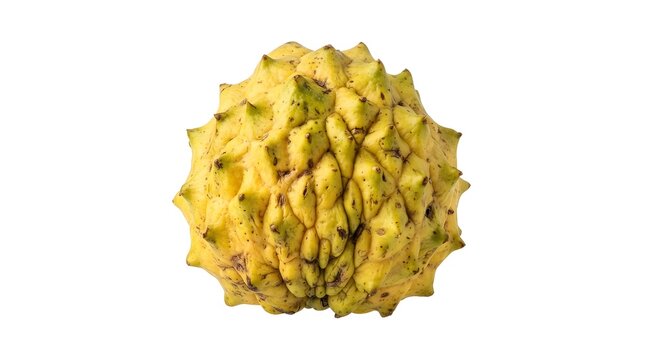 Single ripe Rollinia fruit isolated on white background, exotic tropical Annona mucosa fruit with spiky yellow skin, high resolution studio shot