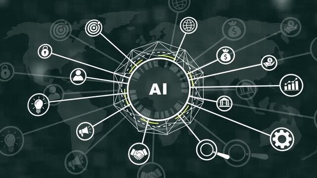 Artificial intelligence network connectivity concept featuring digital map background, with interconnected business, and data analytics, symbols for advanced, corporate technology presentations