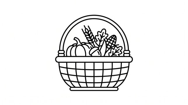 Minimalist line art of a Thanksgiving harvest basket with autumn crops