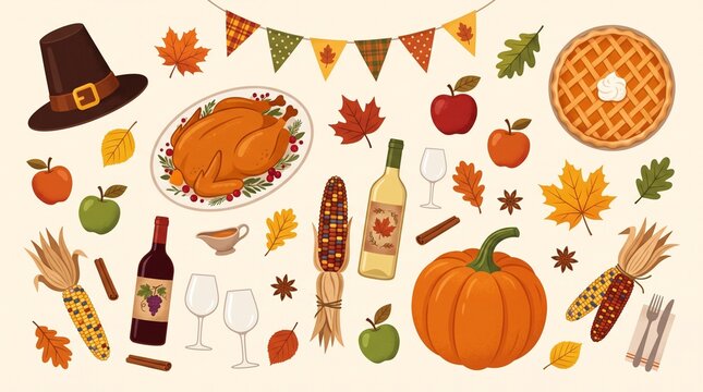 Thanksgiving flat lay illustration with turkey pumpkin and autumn icons