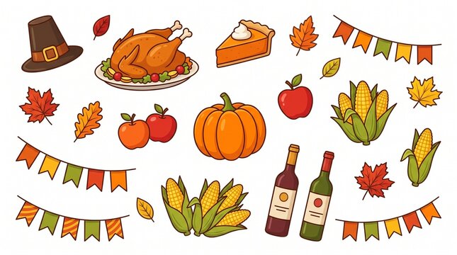 Thanksgiving flat lay icons with turkey pumpkin and autumn leaves