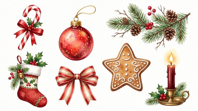 Watercolor Christmas decorative elements set isolated on white background