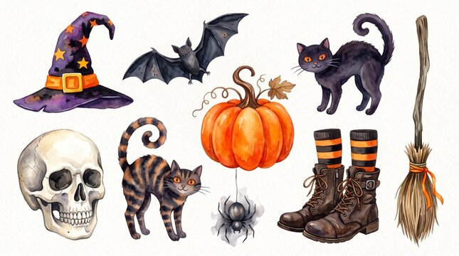 Watercolor Halloween elements set with pumpkin skull and witch accessories