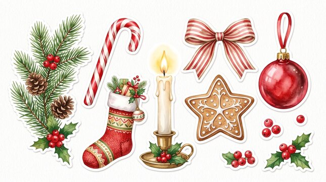 Watercolor Christmas decorative elements set with festive holiday icons