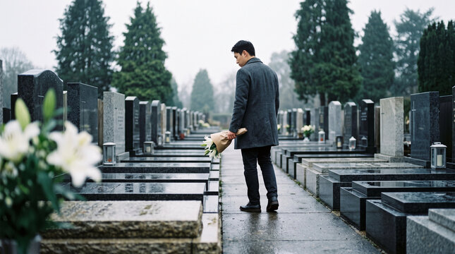 Lonely man walking among gravestones, bouquet of lilies, bereavement, remembering deceased family, emotional loss, cemetery memorial, solitude