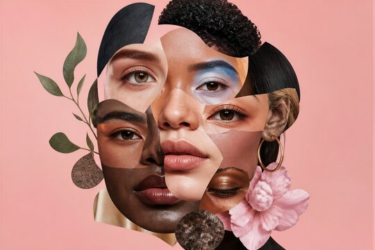 Composite fragmented faces collage with floral elements on pink