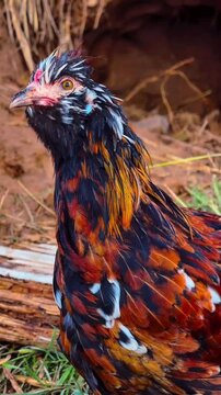 Beautiful colorful chicken with unique patterned feathers in a yard