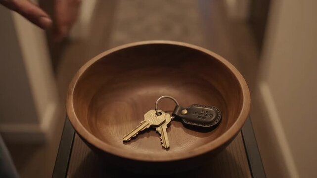 Person Dropping House Keys Into Wooden Bowl Near Home Entrance