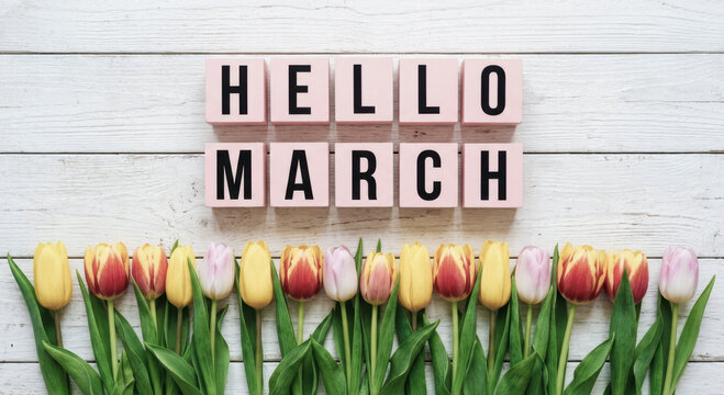 Hello march message with fresh spring tulips