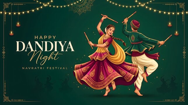 Happy dandiya night poster featuring dancing couple in traditional indian style