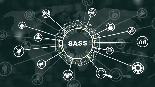 Dynamic saas software as a service business concept featuring animated global network connectivity and digital data flow infographics for corporate technology presentations and modern digital