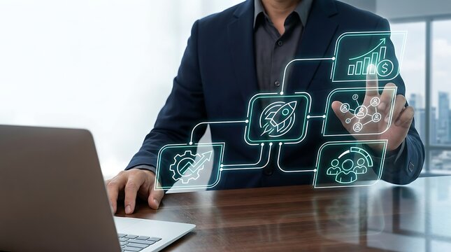Businessman touching holographic startup rocket launch interface and connected business strategy icons at office desk with laptop
