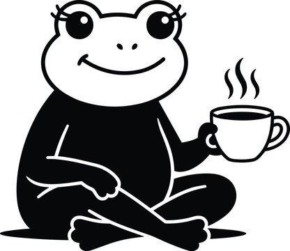 Cute cartoon frog silhouette sitting cross legged and drinking hot coffee or tea vector illustration isolated on white