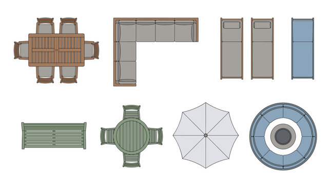 Top down view of various outdoor furniture and patio items arranged neatly