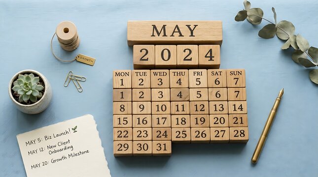 Wooden blocks calendar showing May two thousand twenty four resting on light blue textured tabletop