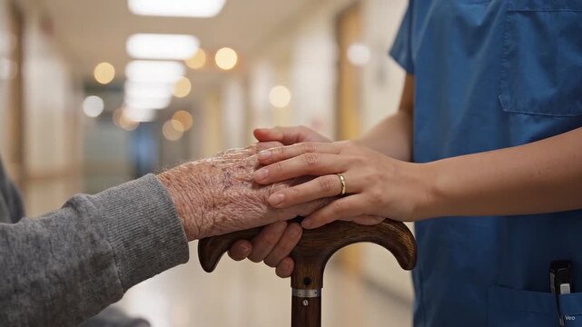 Compassionate care: nurse comforting elderly patient holding walking cane in hospital hallway