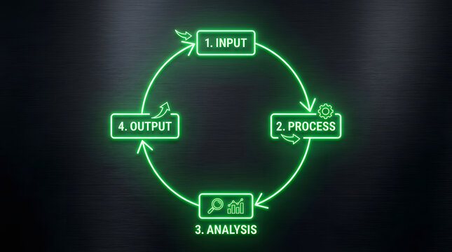 Comprehensive Four-Stage Cyclic Workflow Diagram Illustrating Sequential Data Processing and Systematic Strategic Business Optimization Steps