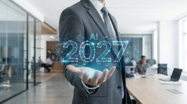 Businessman presenting futuristic AI 2027 technology concept with digital overlay in office setting