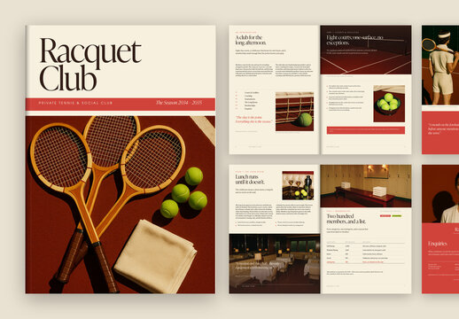 Vintage Sport Club Brochure Template, Retro Tennis Magazine & Catalog with Editable Membership Booklet Layout