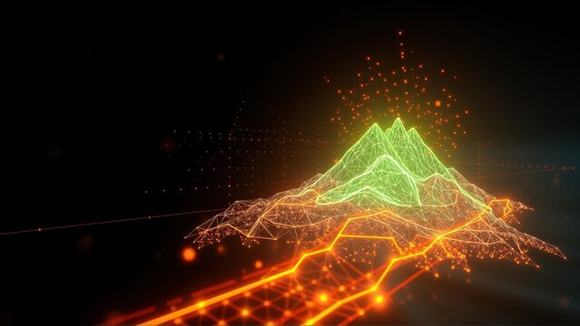 Bright polygonal mountain glows against dark background. Lines radiate outward, creating dynamic visual effect. Futuristic design.