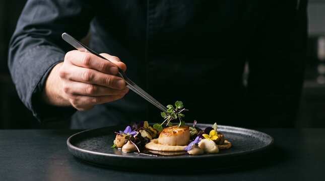 Chef hands plating seared scallop with tweezers and flowers in dark kitchen