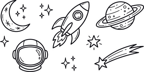 Obraz premium Black and white space exploration illustration with rocket ship, crescent moon, Saturn planet, astronaut helmet, stars, and shooting star