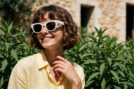 Close up portrait of smiling woman with short wavy brown hair wearing white sunglasses. Poses in yellow shirt touching neck against green plants, stone wall background. Happy young lady enjoying