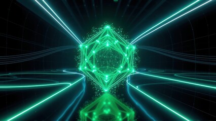 Fototapeta premium Glowing green geometric shape dominates dark space. Lines radiate outward, creating tunnel effect. Digital art, futuristic aesthetic.