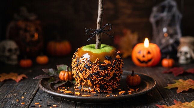 Gourmet caramel apple coated in sprinkles served on a rustic plate at halloween
