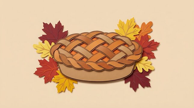 Thanksgiving pumpkin pie crafted from colorful layered paper surrounded by autumn foliage art