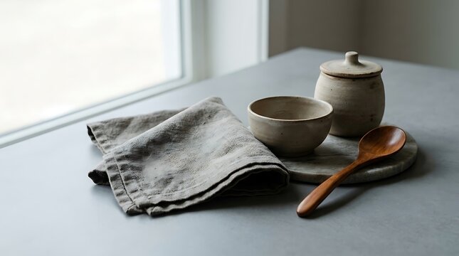 Handmade ceramic bowl and matching jar arranged neatly with folded linen napkin on wooden table