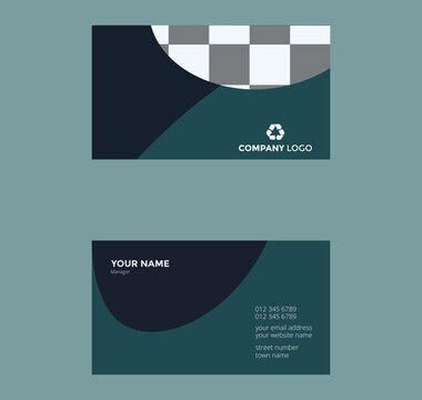 Modern professional business card template with dark teal and black curved design contact information corporate identity