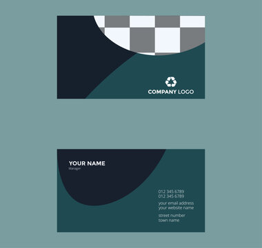Modern professional business card template with dark teal and black curved design contact information corporate identity