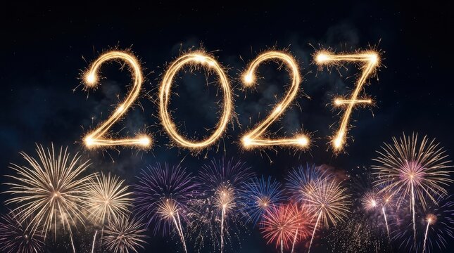 Sparkling 2027 numbers with fireworks celebration against dark sky concept
