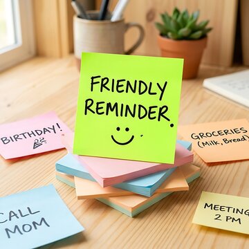 Bright sticky notes with handwritten messages and friendly reminders on a wooden desk