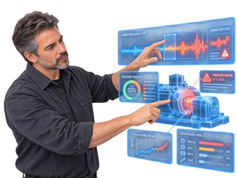 Engineer analyzing predictive maintenance data and machine failure risk with digital industrial dashboard isolated on transparent background.