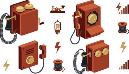 Isometric vintage wooden wall telephones set featuring antique crank boxes retro receivers telegraph keys and electronic signal icons © MDNUR