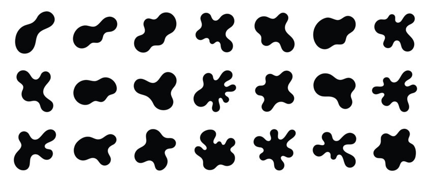 Set of organic abstract shapes, blob ink spots, liquid fluid splatters, amoeba blobs, and vector fluid silhouettes