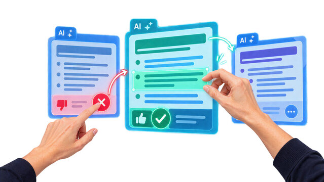 Hands comparing AI generated documents with approval and rejection feedback isolated on transparent background.