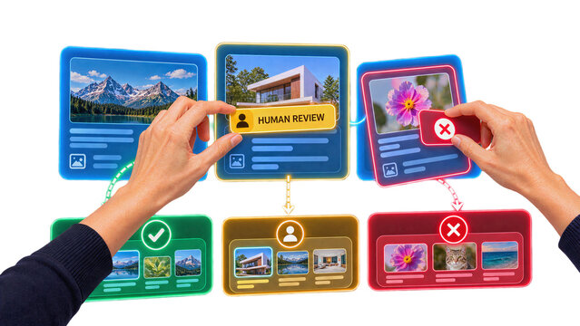 Hands sorting digital image cards through human review and content moderation workflow isolated on transparent background.