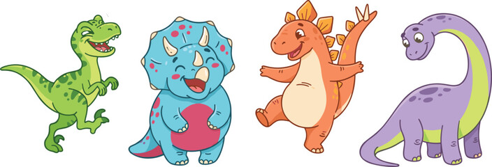 Cute Dinosaur Cartoon Character Mascot Set Featuring Kawaii Tyrannosaurus Triceratops Stegosaurus and Brachiosaurus for Kids Nursery Stickers and Educational Graphic Designs © Mohammad