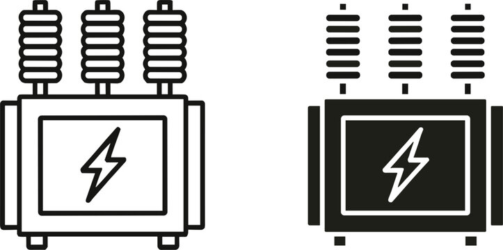 Electrical transformer with lightning bolt symbol, one in outline and one in solid black, representing power, isolated on white background