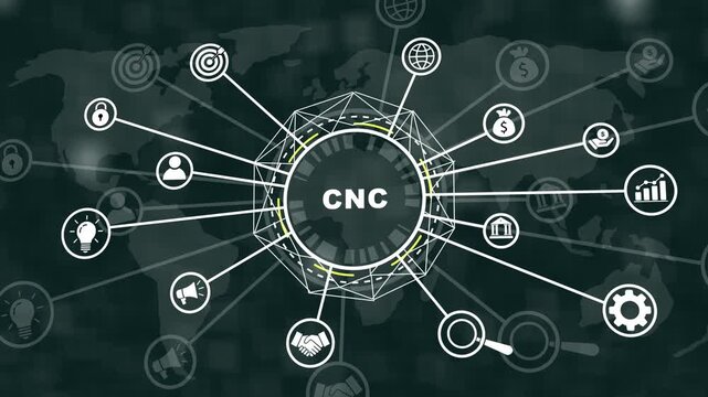 Dynamic cnc technology network infographic animation featuring interconnected digital and global business connectivity concepts for advanced industrial manufacturing and automated systems