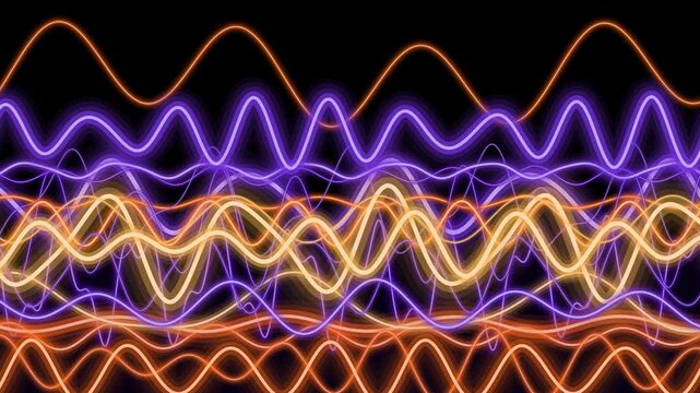 Abstract neon wave lines oscillating on black background motion graphics.