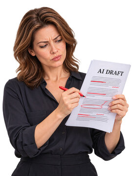 Concerned businesswoman reviewing AI draft document with red pen isolated on transparent background.