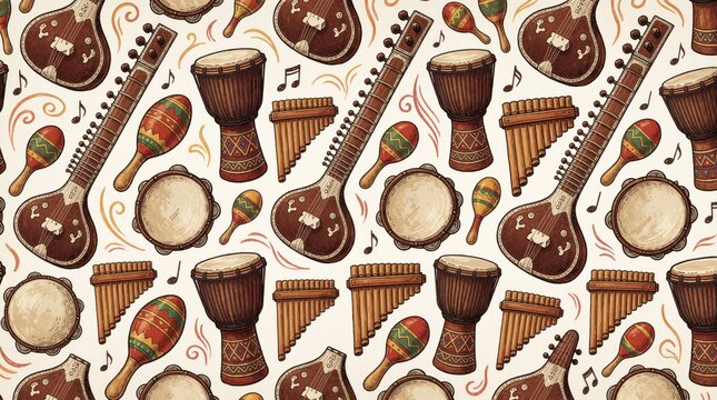 Seamless pattern with hand drawn world musical instruments. African djembe drums, sitar, maracas, pan flute, tambourine arranged on light background. Ethnic folk music tools create decorative texture