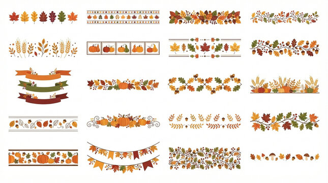 Autumn harvest decorative borders with leaves pumpkins and wheat stalks in warm seasonal colors
