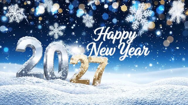 Happy new year 2027 gold and silver 3 d text with falling snowflakes and bokeh background