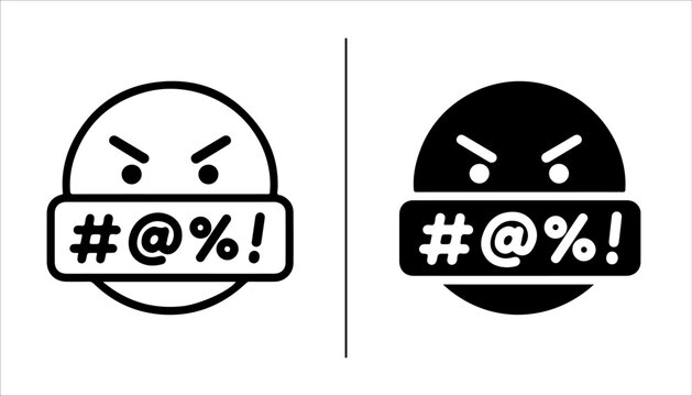 Angry Emoji Symbol: Two icons representing an angry emoji, one in black and white outline and the other as a solid black silhouette.